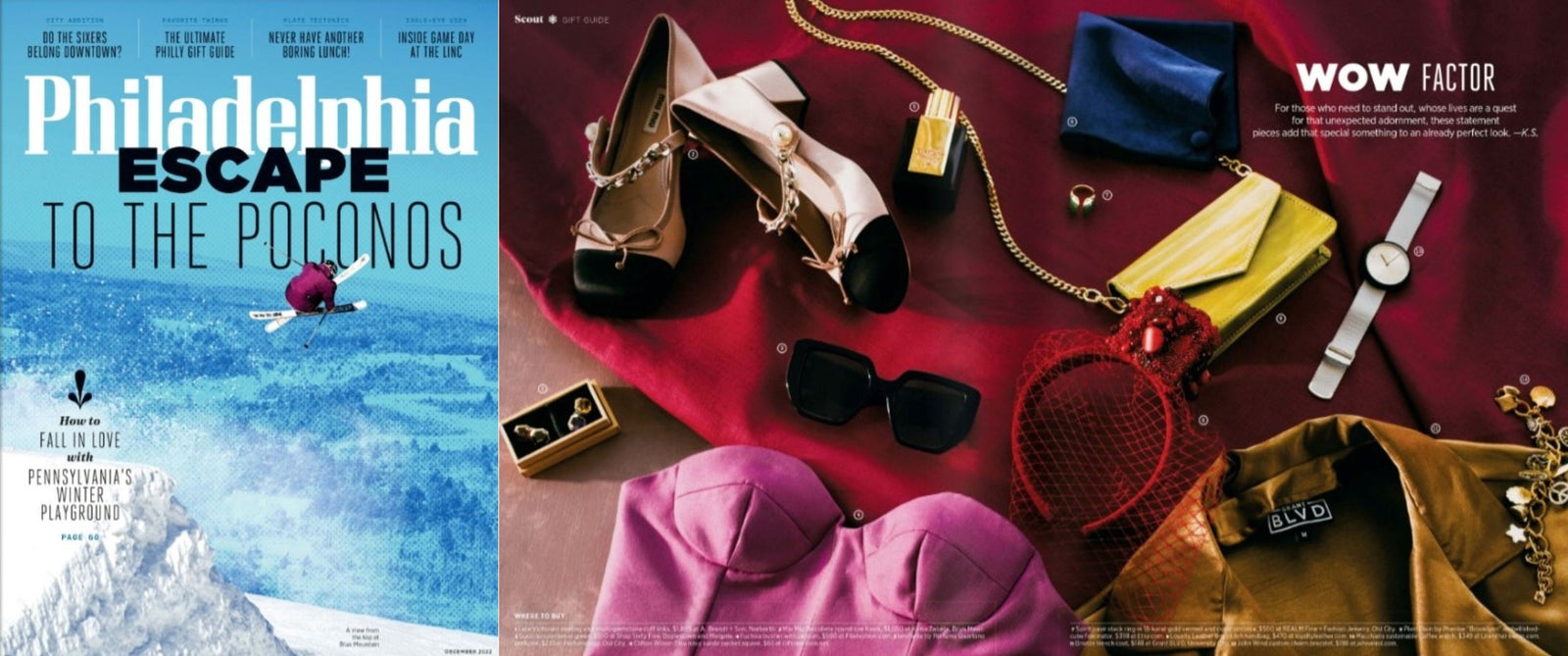 Philadelphia Magazine December 2022 cover and gift guide Wow Factor editorial featuring REALM Spirit Stack Ring in gold and cz vert