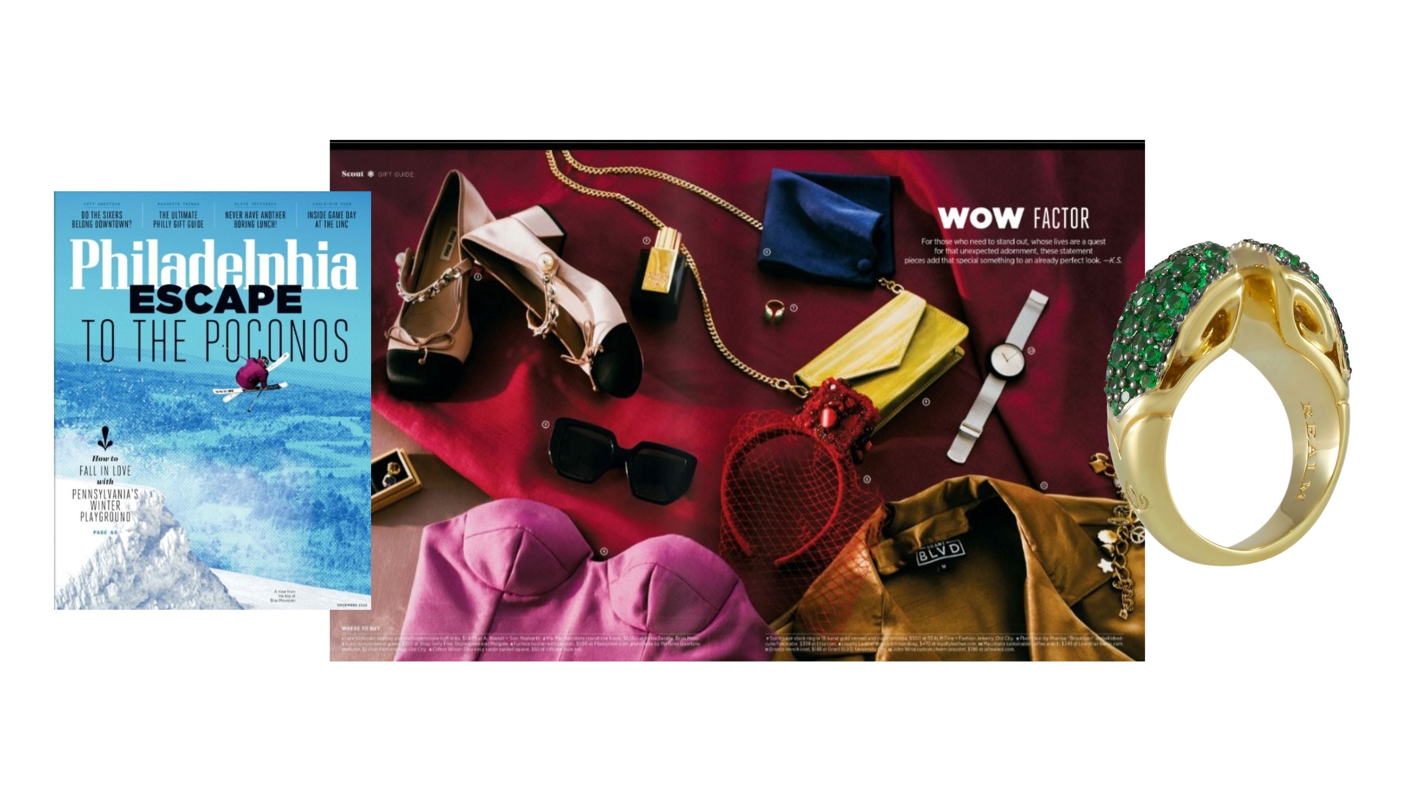 Philadelphia Magazine features REALM statement ring in 18K Gold Vermeil and sparkly emerald green cz stones