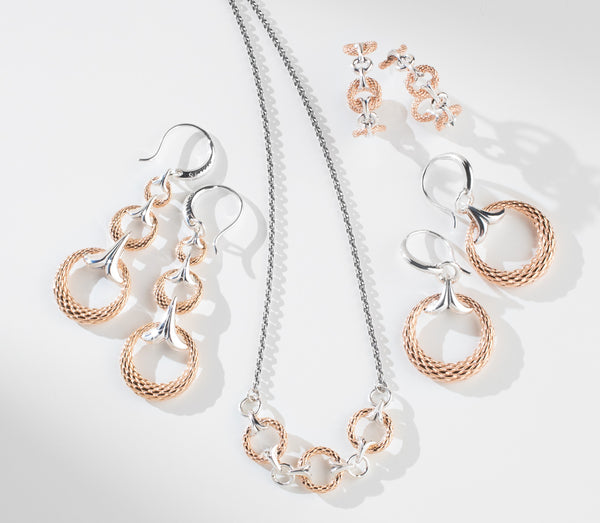 3 earrings and necklace in Sterling Silver and 18K Rose Gold Vermeil from the romantic new two tone jewelry collection by REALM