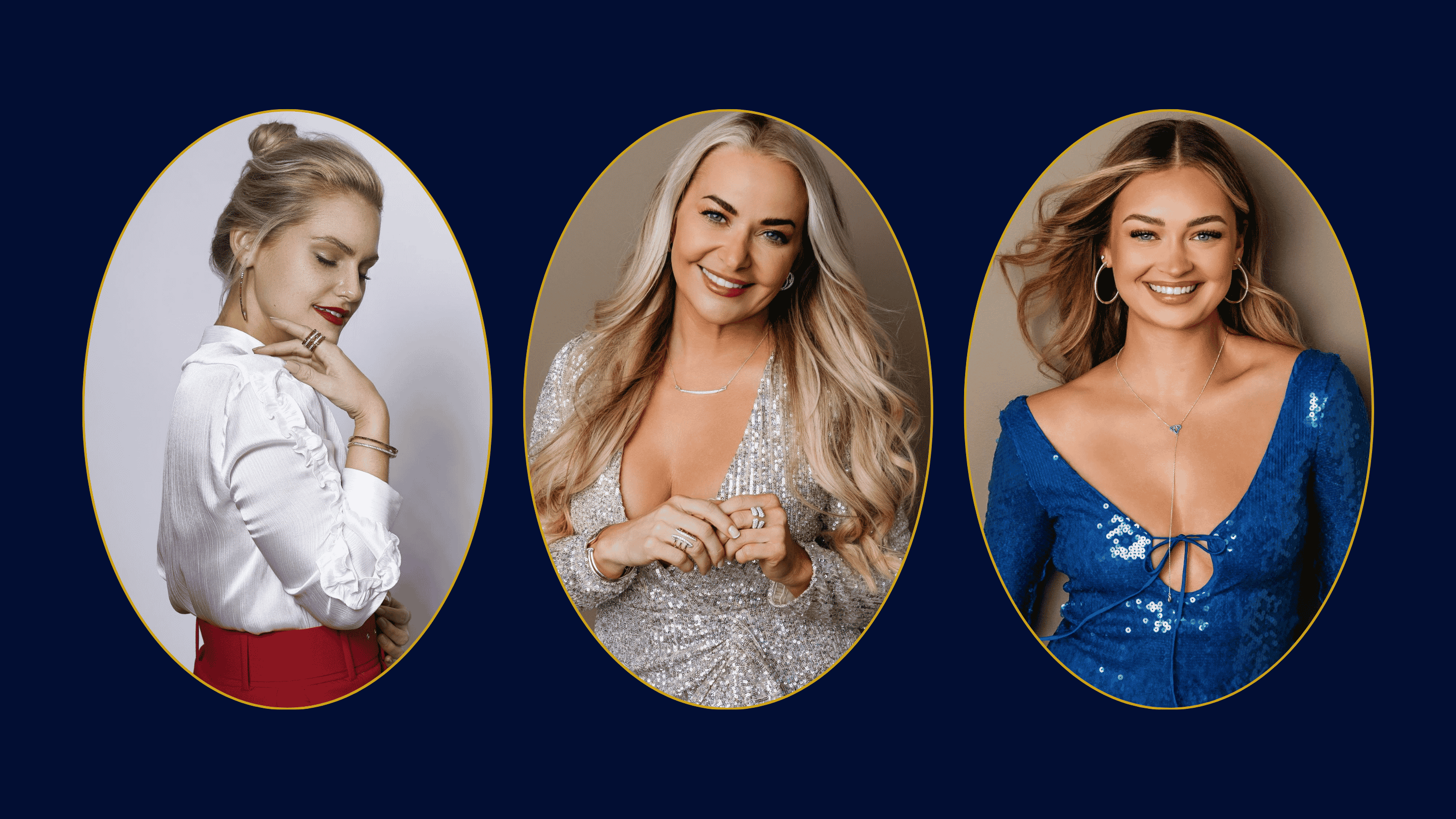 Three women in red, white and blue outfits wear REALM pavé CZ jewelry — oval portrait-style images celebrating American Style and the 250th anniversary of America, designed in Philadelphia
