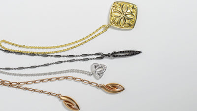 Four elegant to edgy necklace styles in gold, silver, rose gold and black ruthenium from REALM