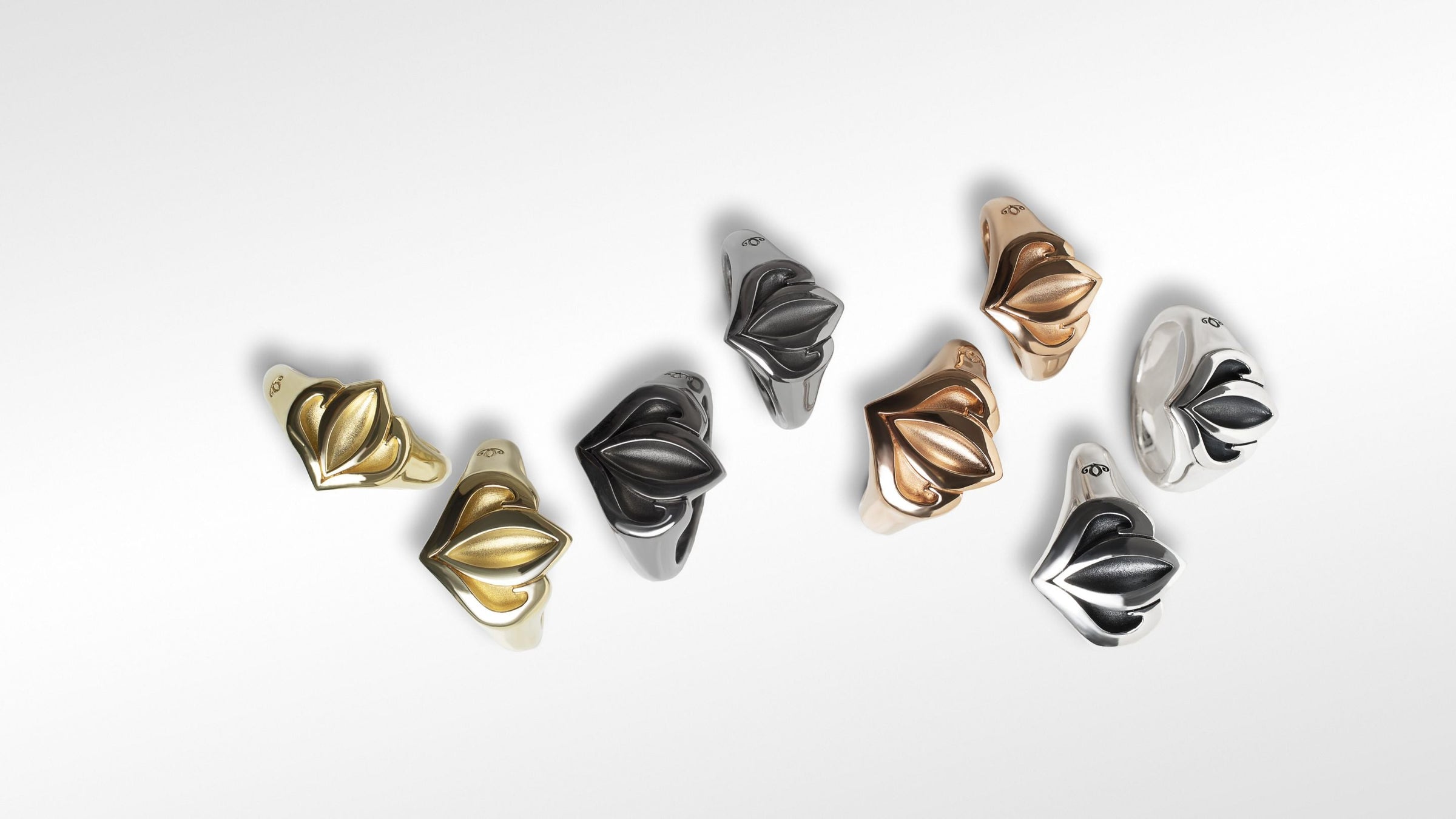 array of women's signet rings in gold, silver, rose gold and black ruthenium