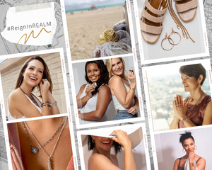 summer style collage with beach pink-sandals rose-gold-jewelry women wearing REALM Fine + Fashion Jewelry