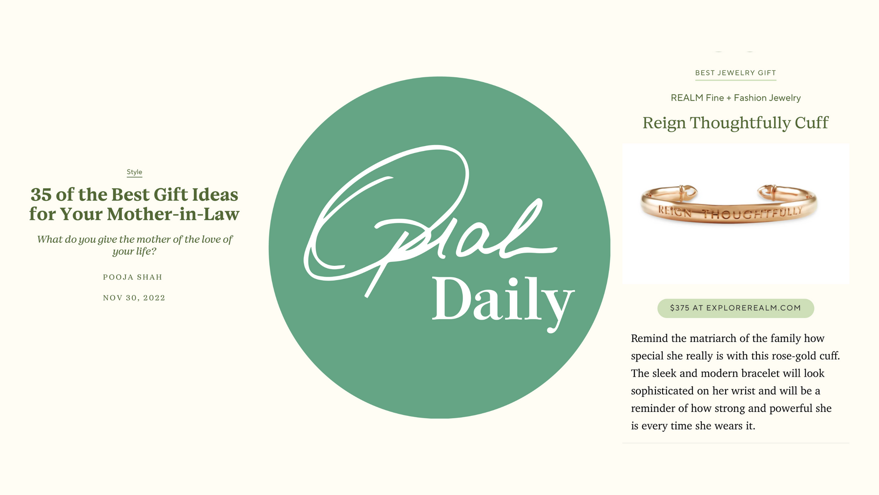 Oprah Daily features REALM Fine + Fashion Jewelry's Reign Thoughtfully Cuff as a 