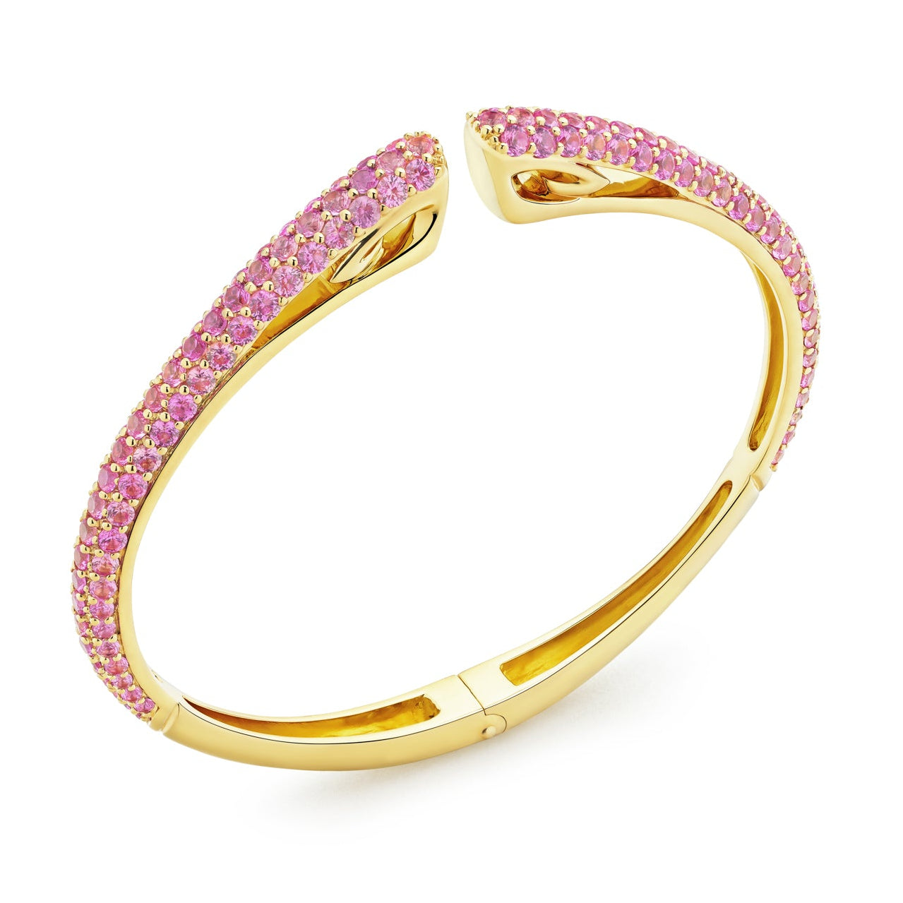 Gold bracelet with pink gemstones on a white background