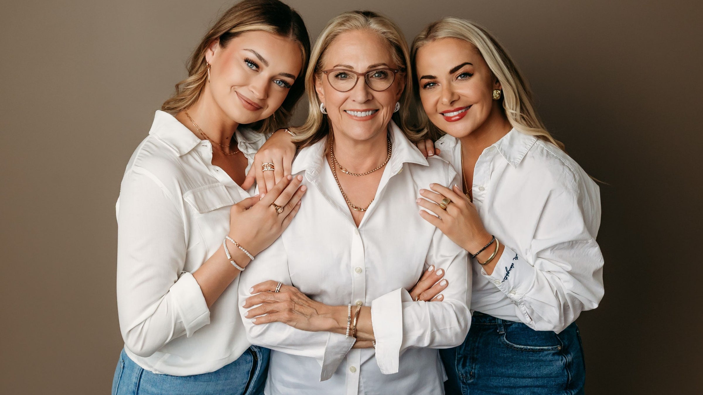 Ann King Lagos and Real Women of REALM Madison Callahan and Jennifer Ashley wear gold, pearl, rose gold  and sterling silverjewelry