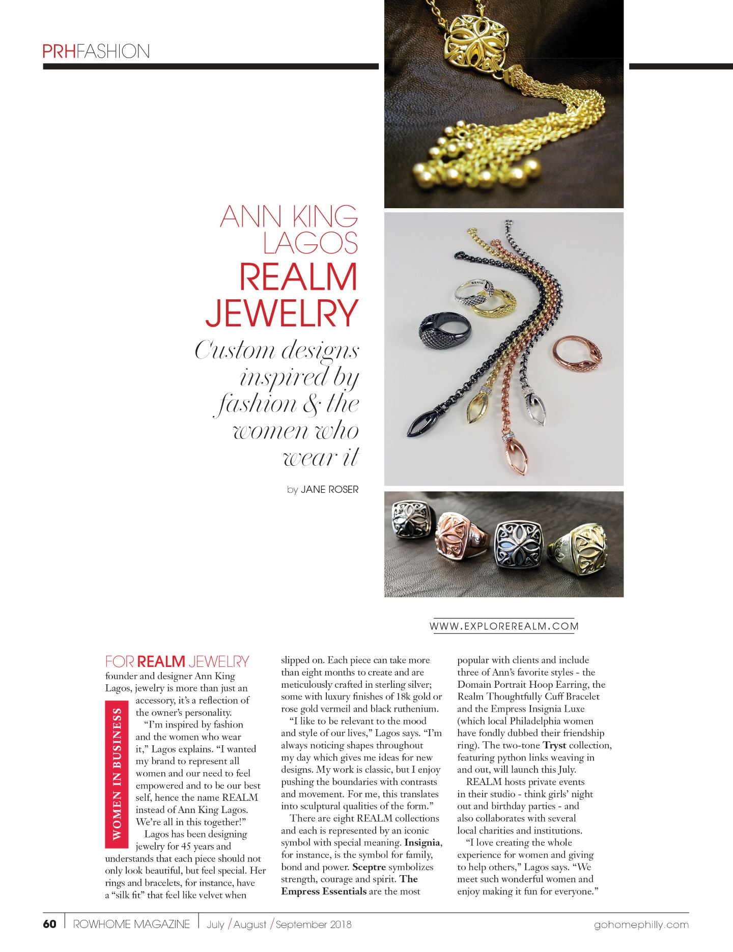 Philadelphia Rowhome Magazine interviews Ann King Lagos and features REALM Fine + Fashion Jewelry in Summer 2018 issue